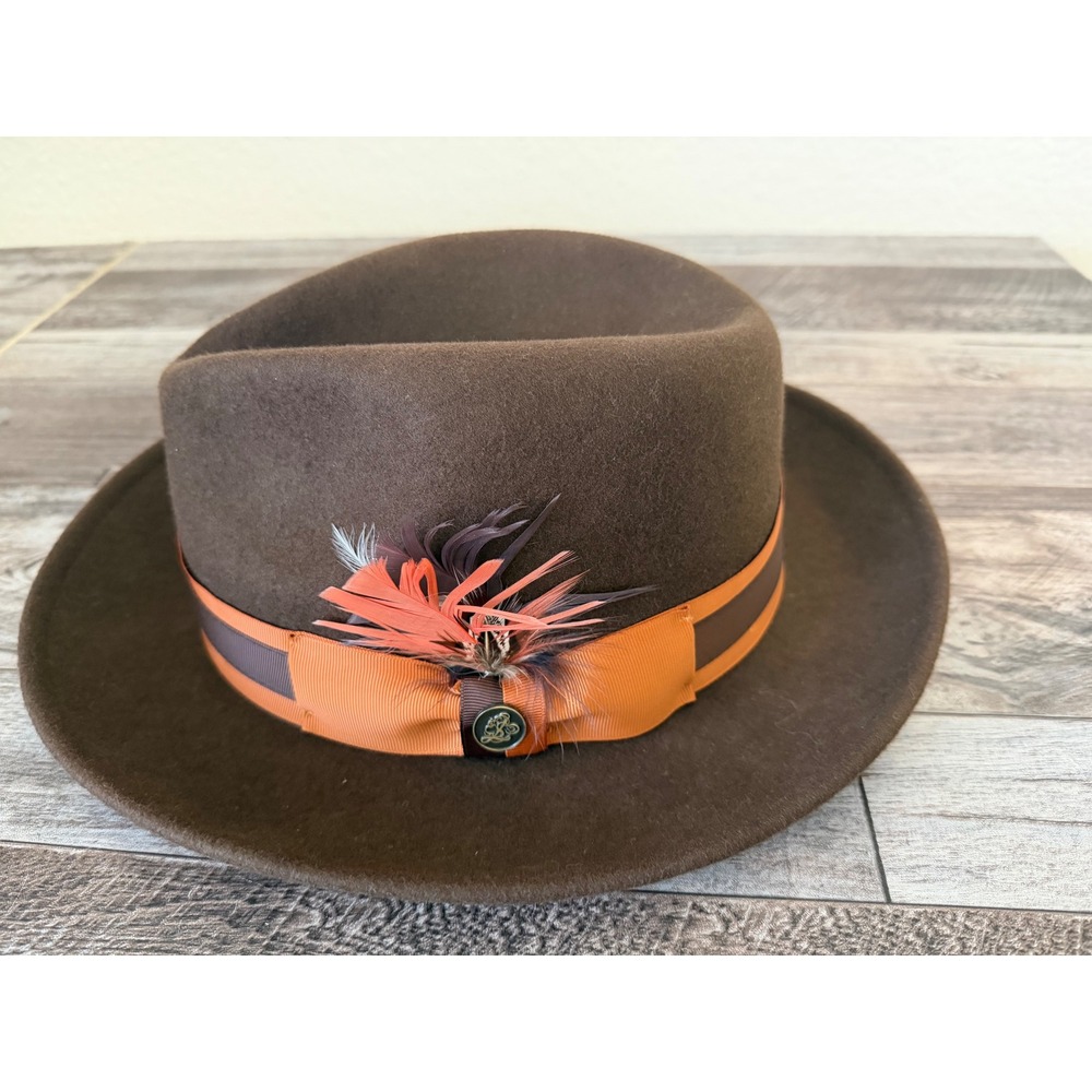 Vintage Raphael Collection Brown Wool Felt Fedora Hat Steven Land Feather XL 23"